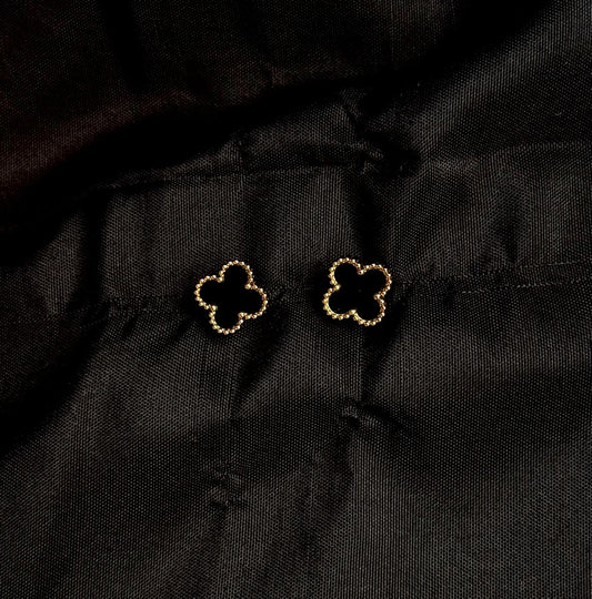 Boucles d'Oreilles Trèfle Noir Onyx - Puces Dorées Chic