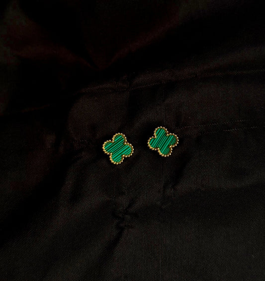 Boucles d'Oreilles Trèfle Malachite Verte - Puces Dorées Luxe