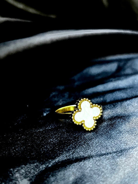 Bague Trèfle Nacre Blanche - Anneau Doré Luxe