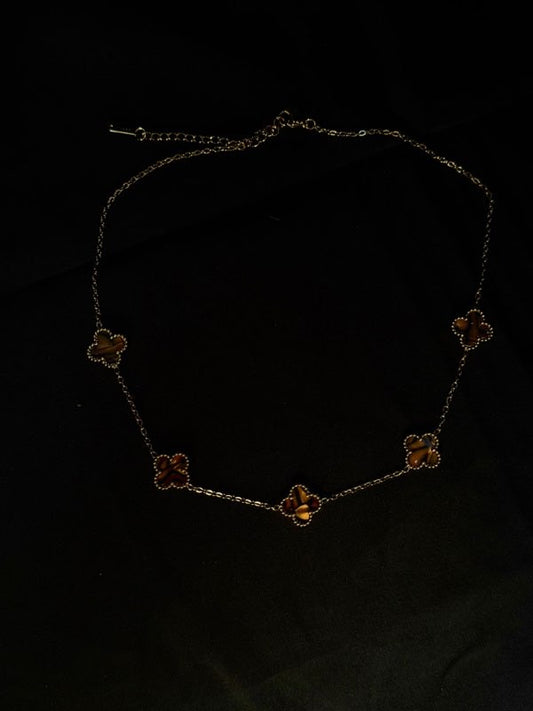 Collier Trèfle Œil de Tigre - Bijou Doré Pierre Naturelle